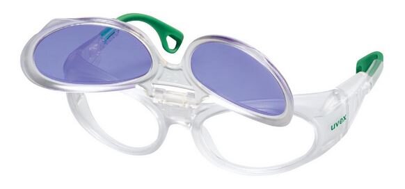 UVEX RX cd 5505 flip-up Didymium plan PC SET Schutzbrille mit Sehstärke in kristall matt, grün Scheibe 55mm